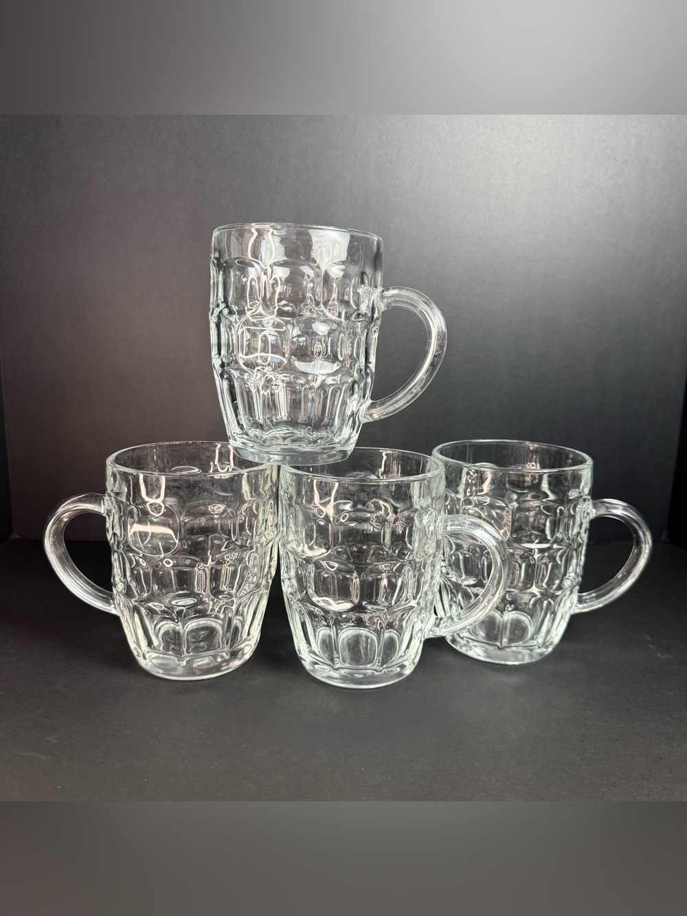 Vintage SET of 4 VINTAGE LUMINARC FRANCE CLEAR GLASS THUMBPRINT BEER MUGS 5"